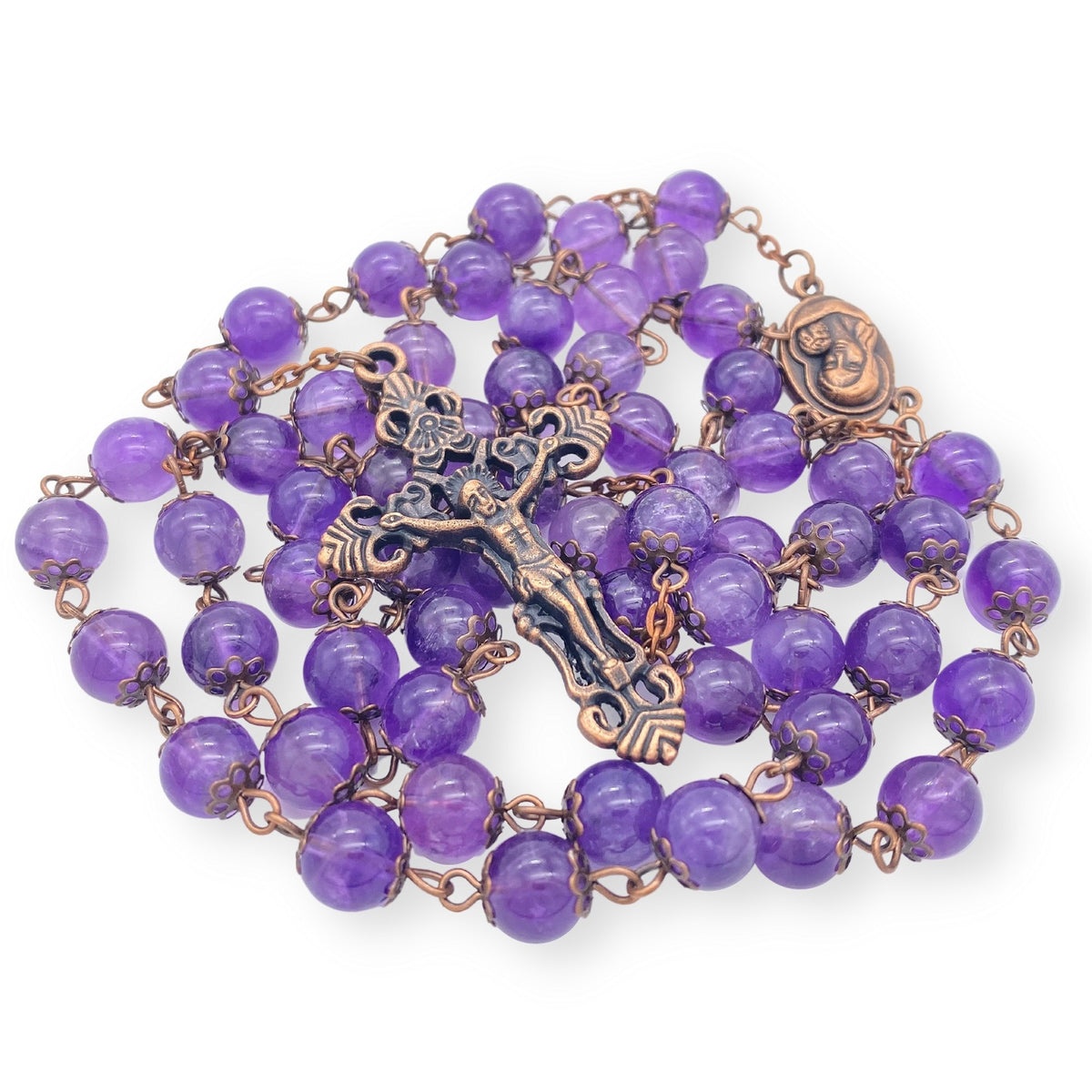 Purple Amethyst Stone Beads Rosary Necklace with Holy Soil Medal & Cross Crucifix - Nazareth Store