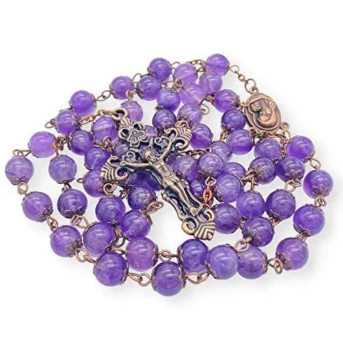 Purple Amethyst Stone Beads Rosary Necklace with Holy Soil Medal & Cross Crucifix - Nazareth Store