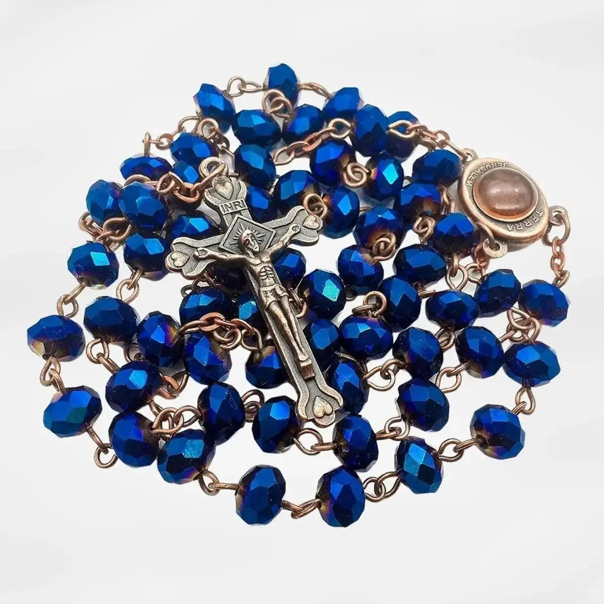 Antique Design Blue Crystal Beads Rosary Holy Soil Medal & Cross 