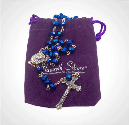 Antique Design Blue Crystal Beads Rosary Prayer Necklace Holy Soil Medal & Jesus Cross Crucifix