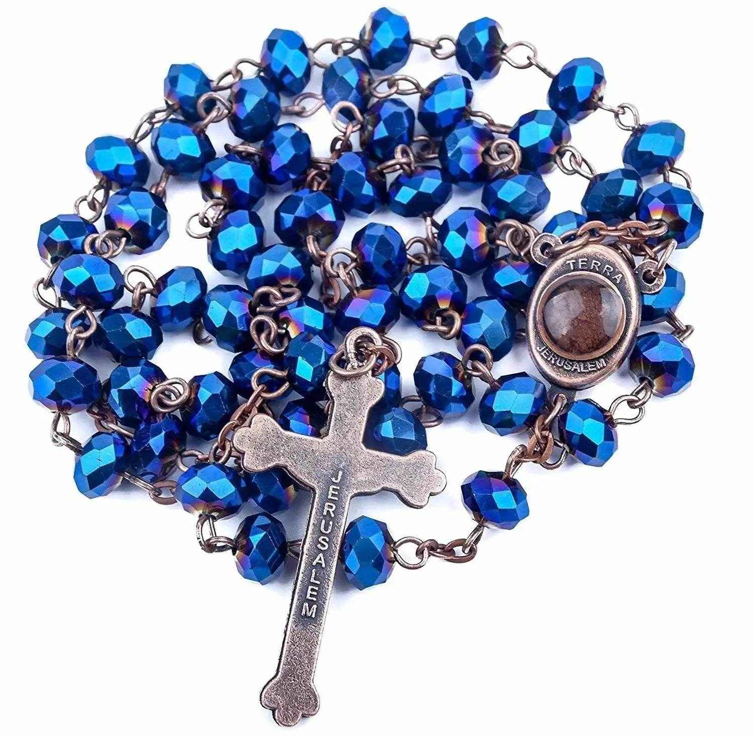 Antique Design Blue Crystal Beads Rosary Prayer Necklace Holy Soil Medal & Jesus Cross Crucifix