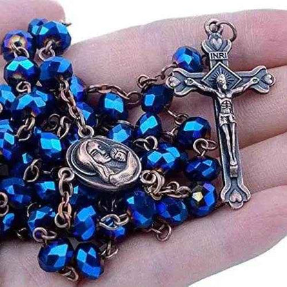 Antique Design Blue Crystal Beads Rosary Prayer Necklace Holy Soil Medal & Jesus Cross Crucifix