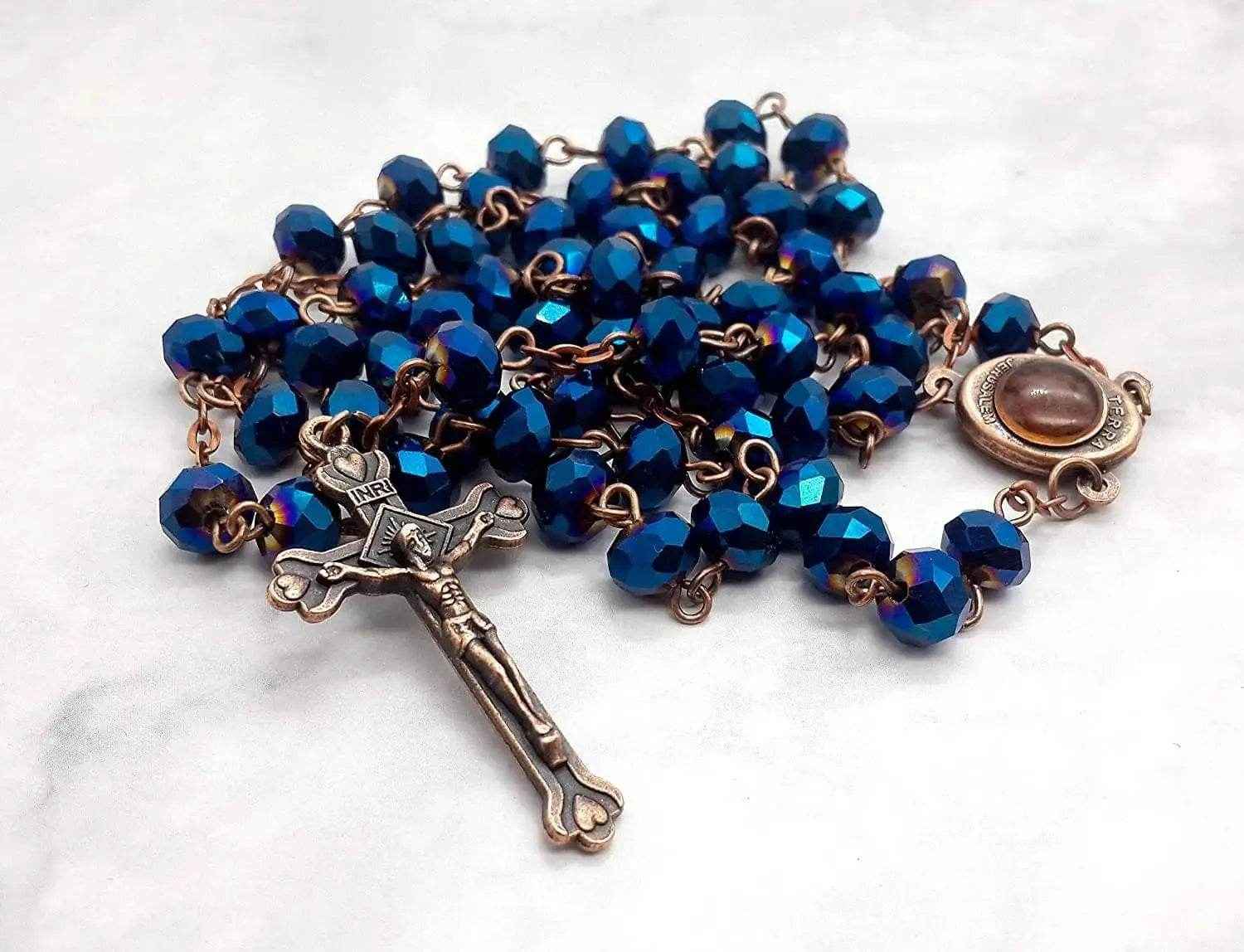 Antique Design Blue Crystal Beads Rosary Prayer Necklace Holy Soil Medal & Jesus Cross Crucifix