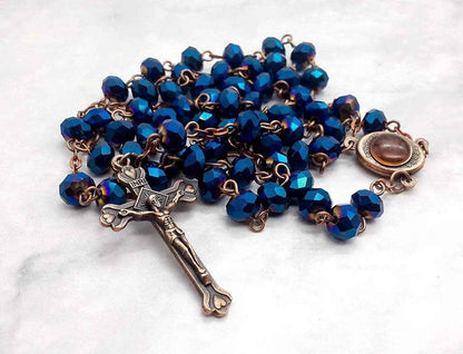 Antique Design Blue Crystal Beads Rosary Prayer Necklace Holy Soil Medal & Jesus Cross Crucifix