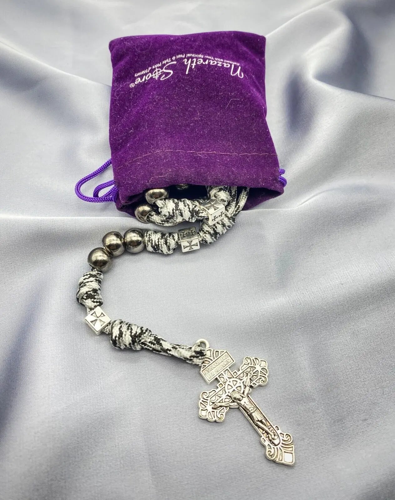 Black Beads Paracord Rosary 21"  Necklace St Michael Medal Resin Rugged Chaplet 