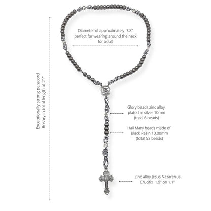 Black Beads Paracord Rosary 21"  Necklace St Michael Medal Resin Rugged Chaplet 