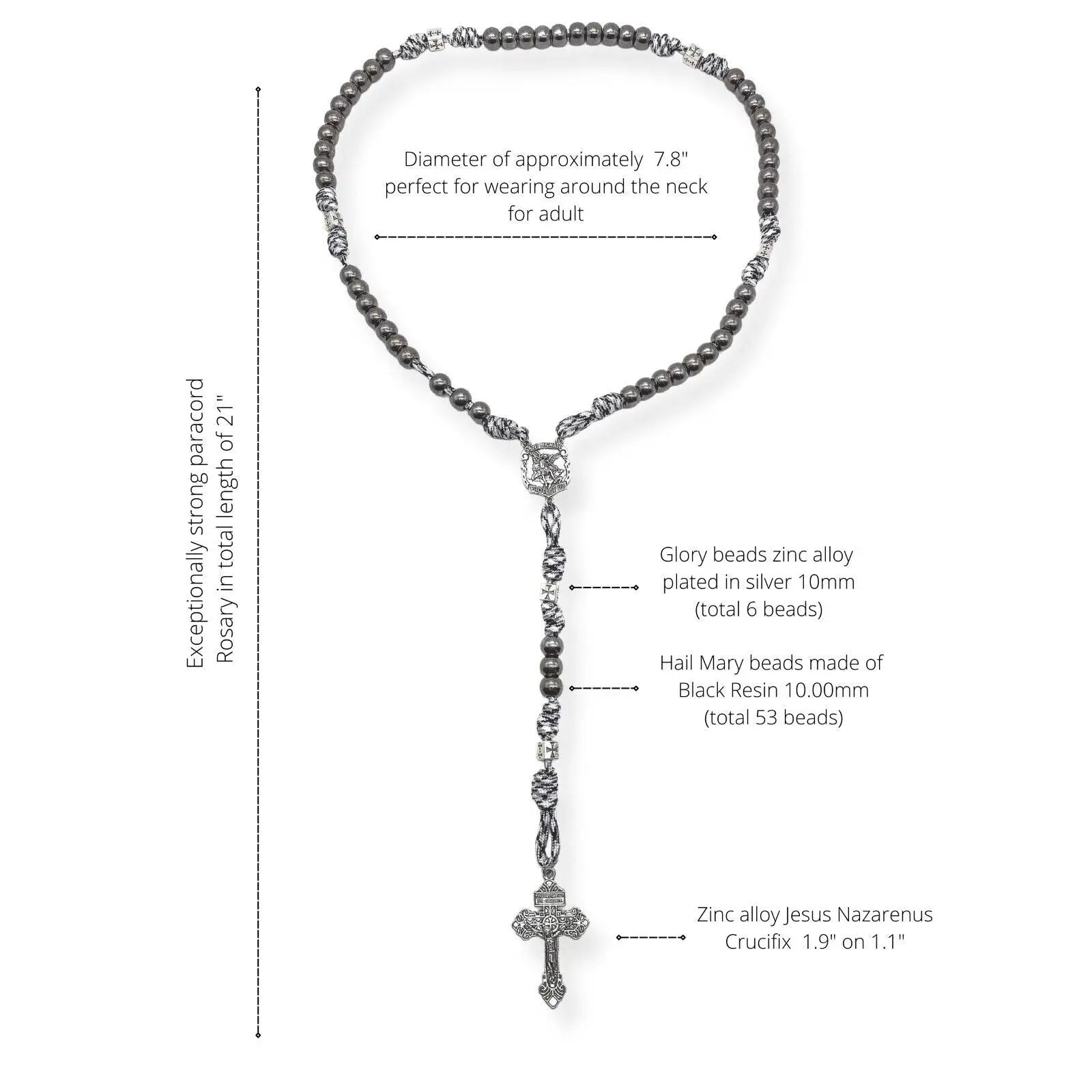 Black Beads Paracord Rosary 21"  Necklace St Michael Medal Resin Rugged Chaplet