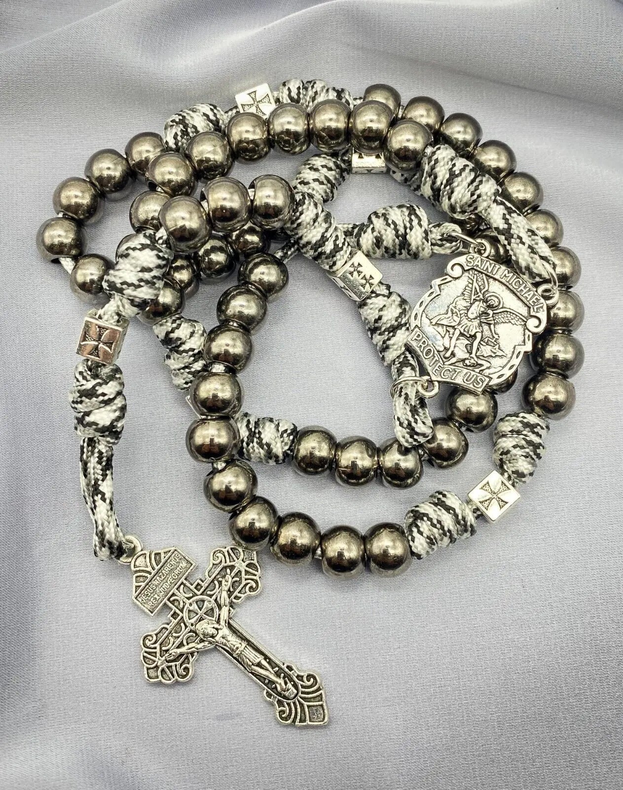 Black Beads Paracord Rosary 21"  Necklace St Michael Medal Resin Rugged Chaplet 