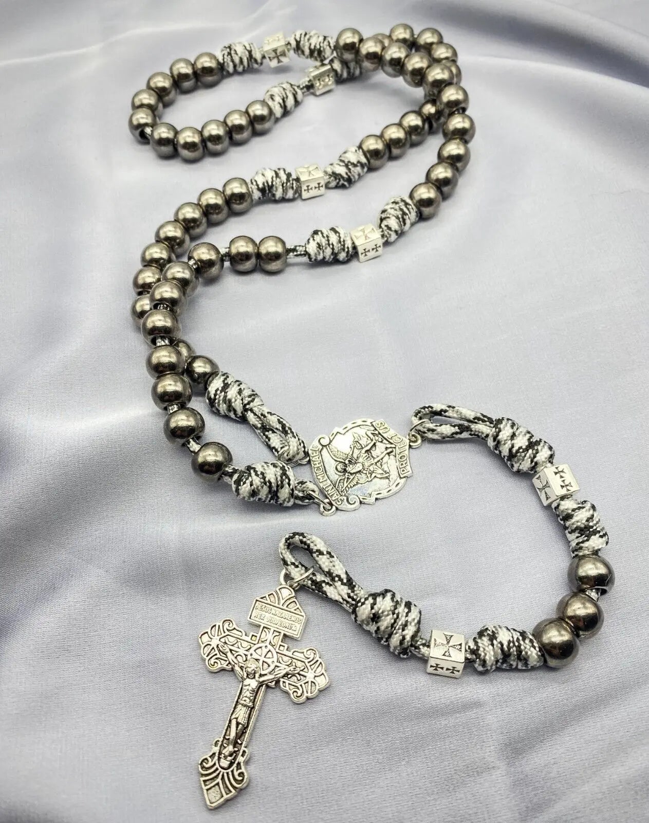Black Beads Paracord Rosary 21"  Necklace St Michael Medal Resin Rugged Chaplet 