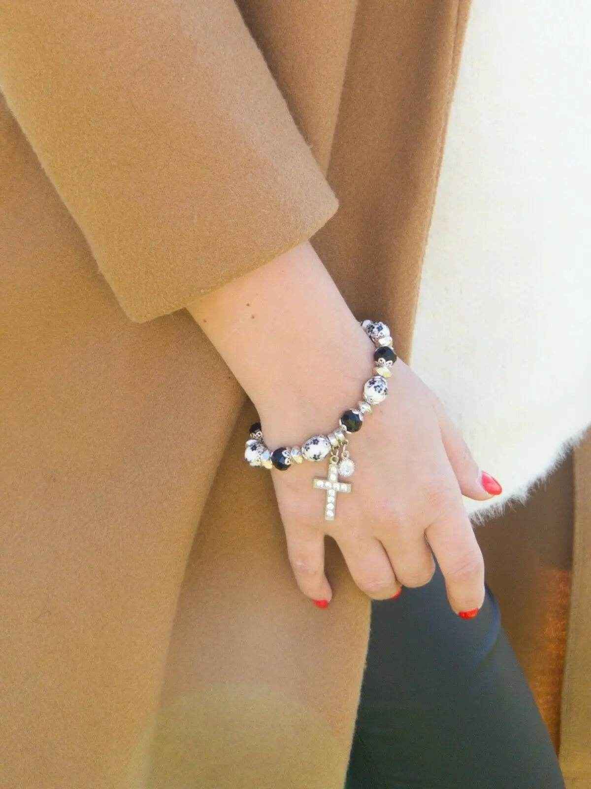 Black Rosary Beads Bracelet Christian Classic Beaded Bangle with Cross - Nazareth Store