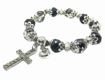 Black Rosary Beads Bracelet Christian Classic Beaded Bangle with Cross - Nazareth Store