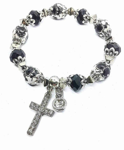 Black Cross Bracelet Christian Classic Beaded Bangle with Crystal Beads