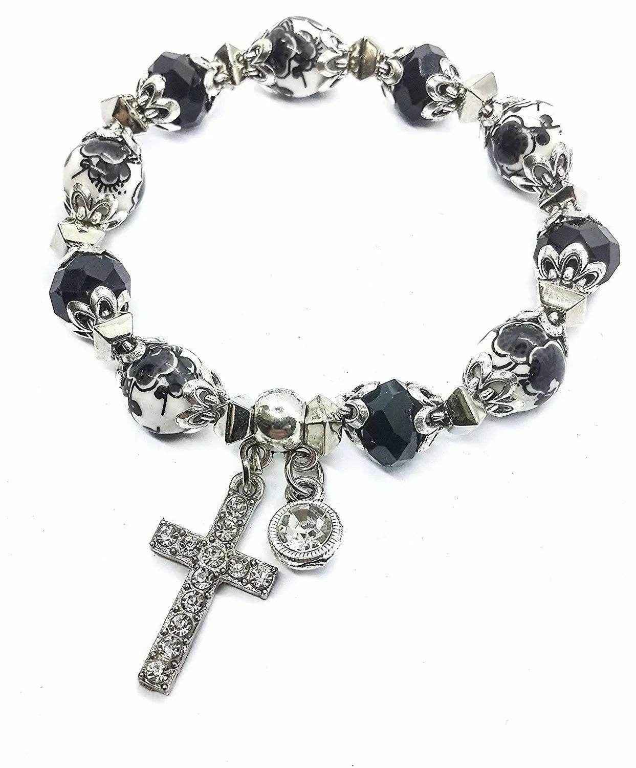 Black Rosary Beads Bracelet Christian Classic Beaded Bangle with Cross - Nazareth Store