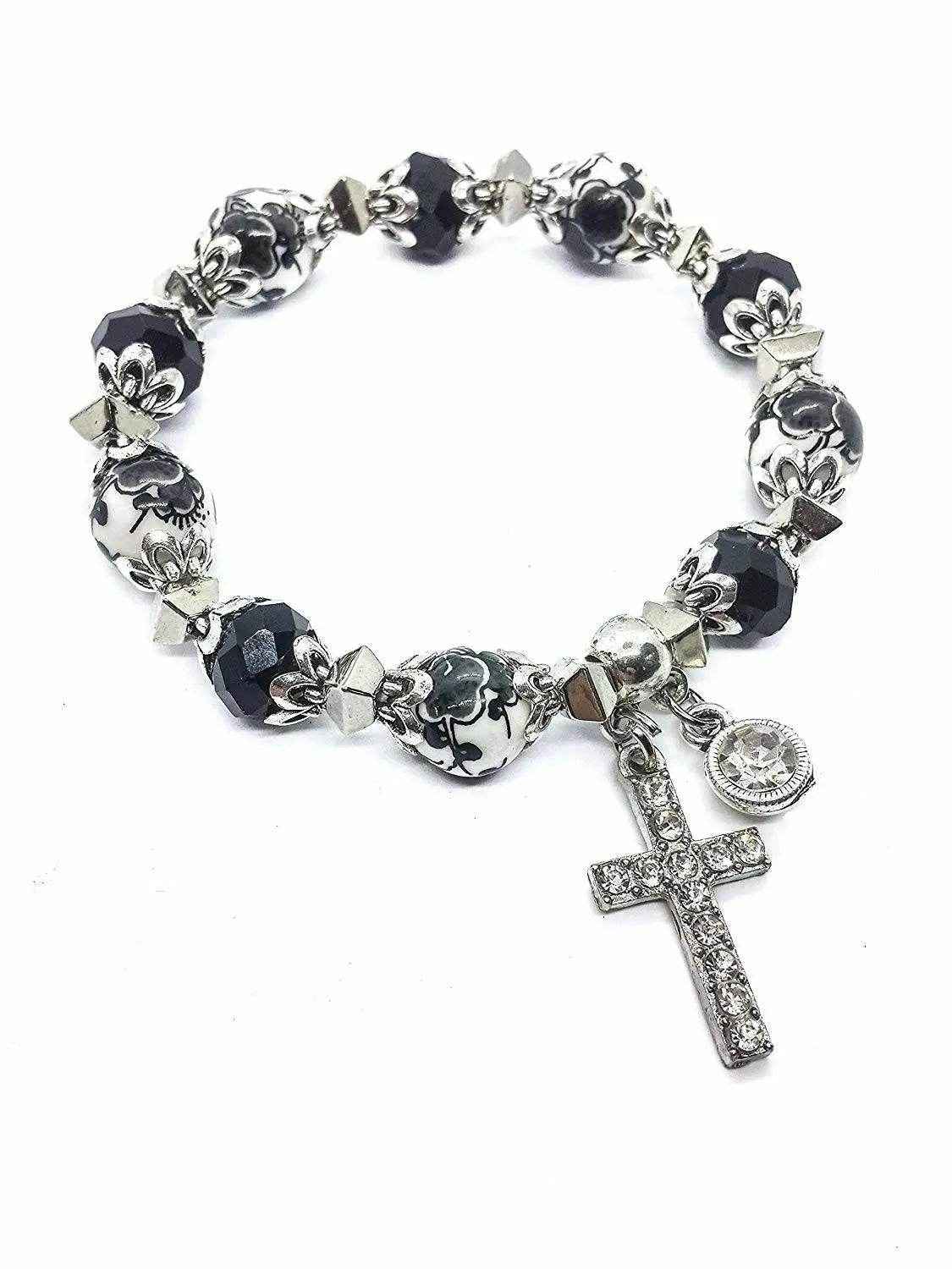 Black Rosary Beads Bracelet Christian Classic Beaded Bangle with Cross - Nazareth Store