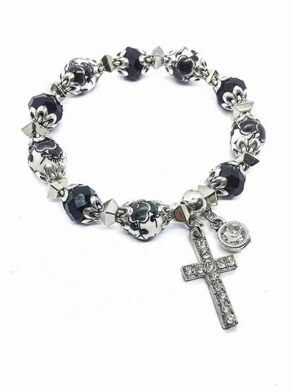 Black Rosary Beads Bracelet Christian Classic Beaded Bangle with Cross - Nazareth Store