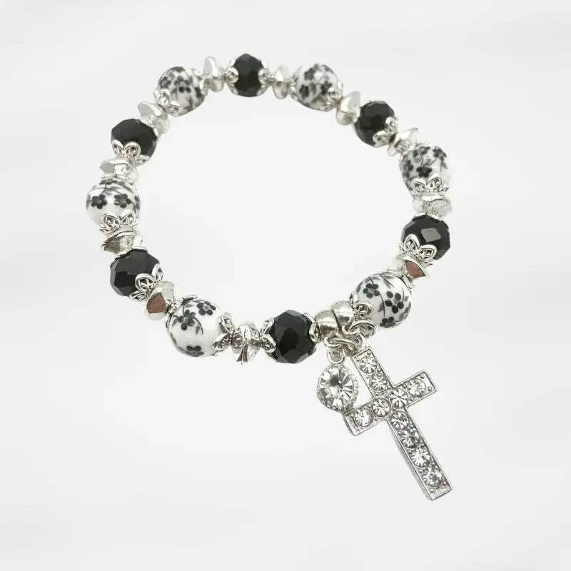 Black Cross Bracelet Christian Classic Beaded Bangle with Crystal