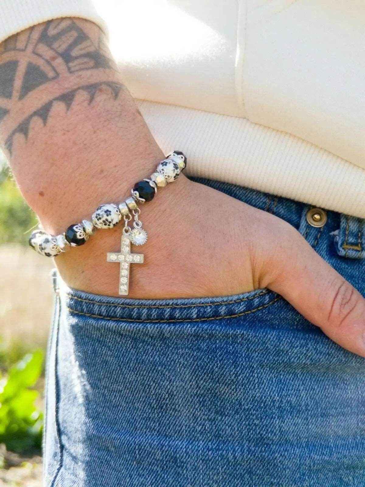 Black Cross Bracelet Christian Classic Beaded Bangle with Crystal Beads