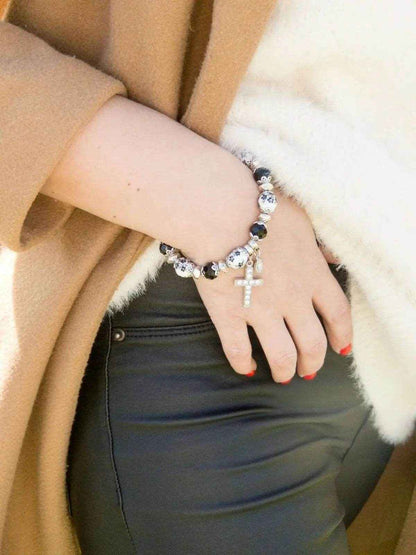 Black Rosary Beads Bracelet Christian Classic Beaded Bangle with Cross - Nazareth Store