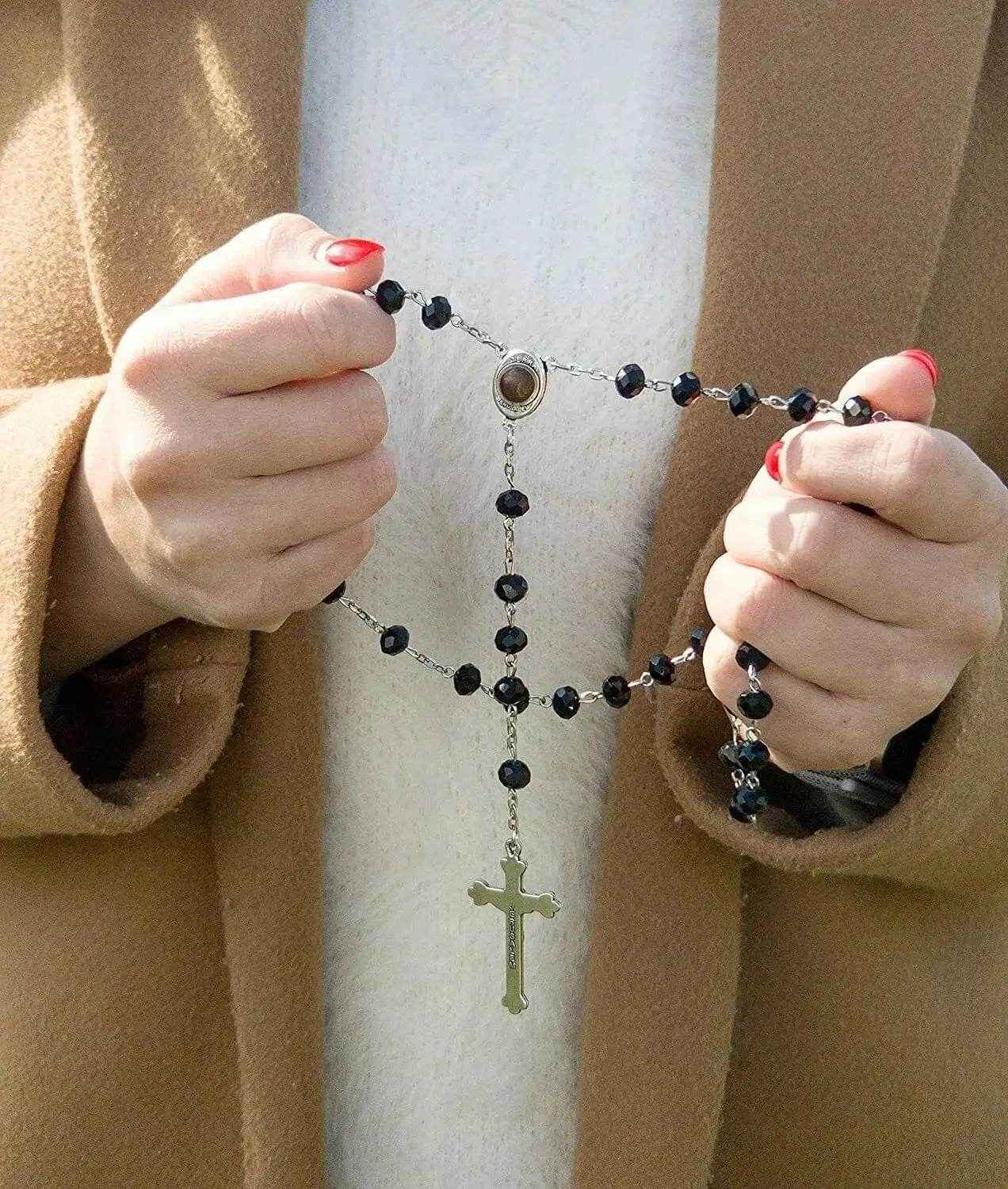 Black Crystal Beads Rosary Necklace Holy Soil Medal & Crucifix