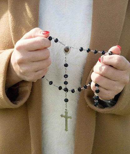 Black Crystal Beads Rosary Necklace Holy Soil Medal & Crucifix