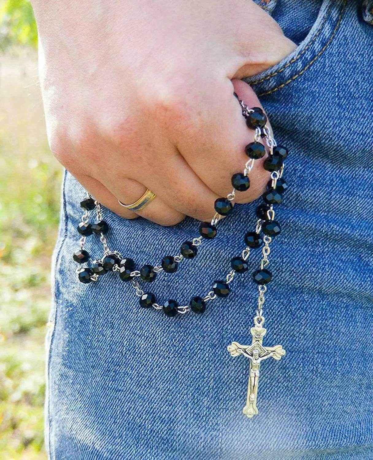 Black Crystal Beads Rosary Necklace Holy Soil Medal & Crucifix