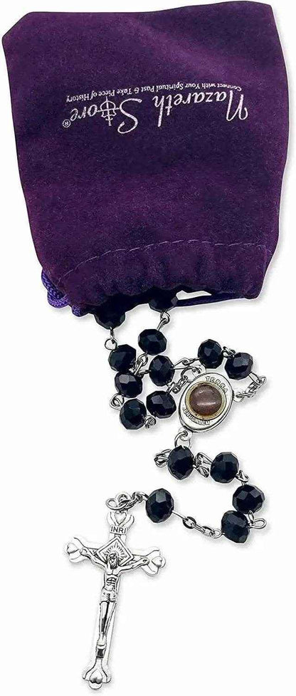 Black Crystal Beads Rosary Necklace Holy Soil Medal & Crucifix