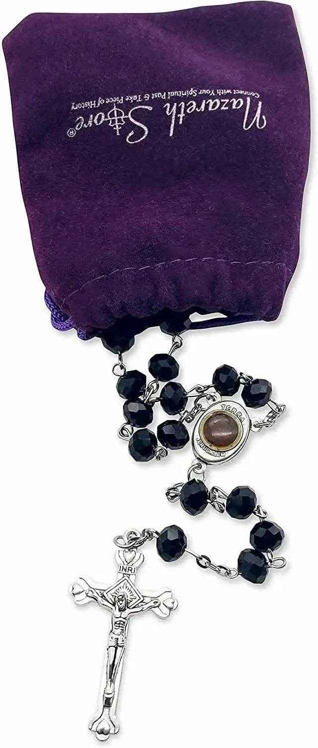 Black Crystal Beads Rosary Necklace Holy Soil Medal & Crucifix
