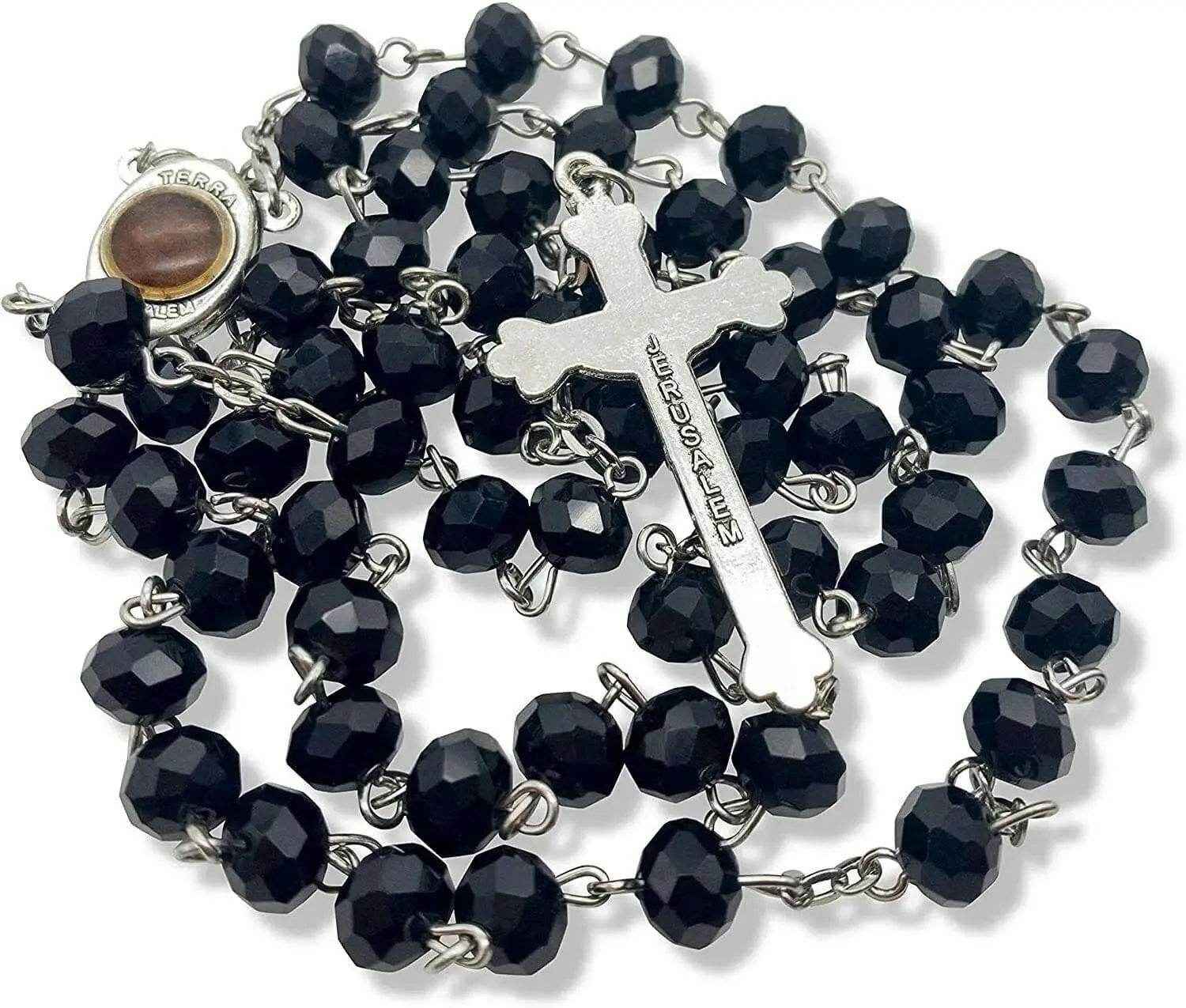 Black Crystal Beads Rosary Necklace Holy Soil Medal & Crucifix