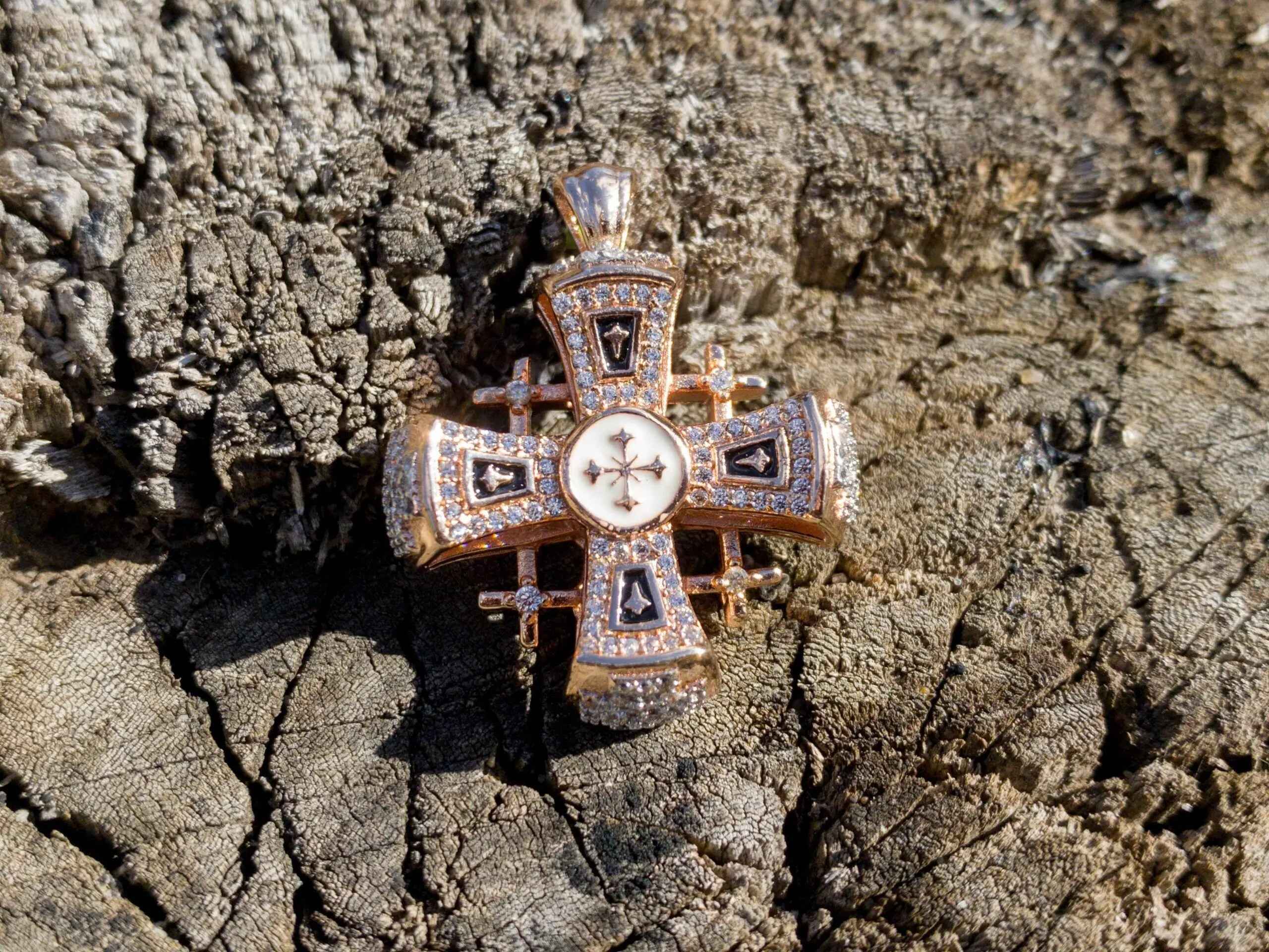 Jerusalem Cross Pendant 1.3" in Rose Gold Plating & Black Enamel  with Clear CZ Zircons