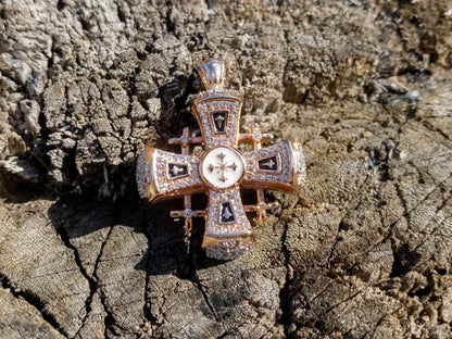 Jerusalem Cross Pendant 1.3" in Rose Gold Plating & Black Enamel  with Clear CZ Zircons