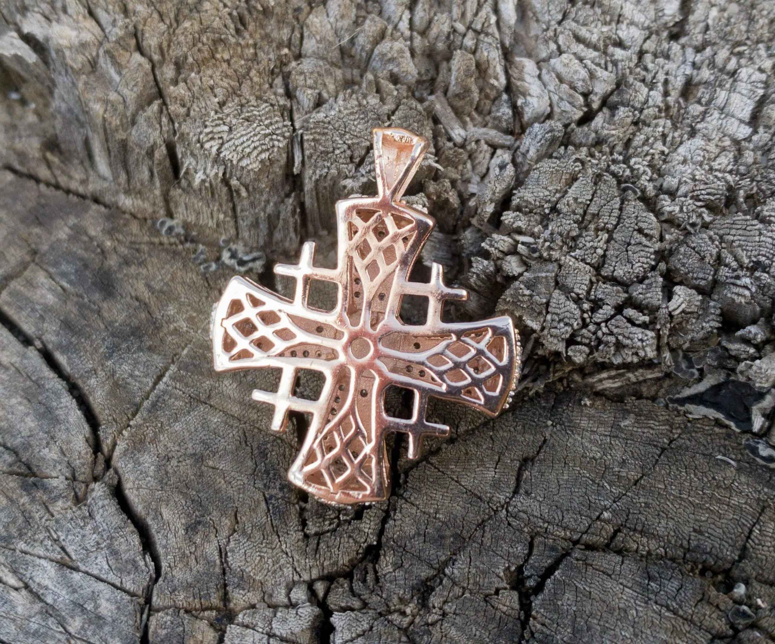 Jerusalem Cross Pendant 1.3" in Rose Gold Plating & Black Enamel  with Clear CZ Zircons