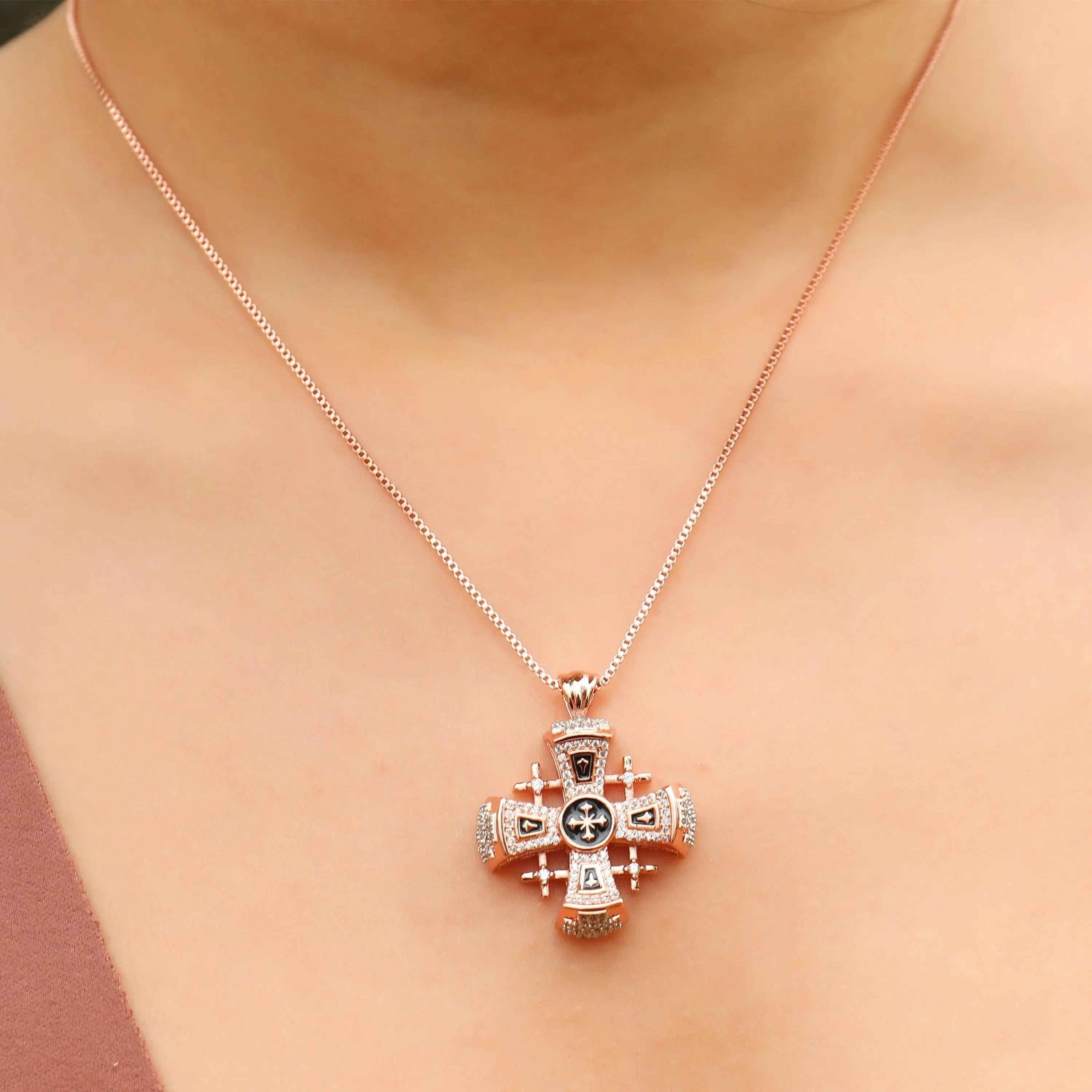 Jerusalem Cross Pendant 1.3" in Rose Gold Plating & Black Enamel  with Clear CZ Zircons