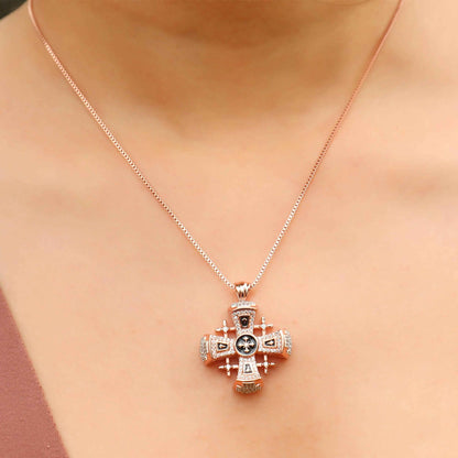 Jerusalem Cross Pendant 1.3" in Rose Gold Plating & Black Enamel  with Clear CZ Zircons