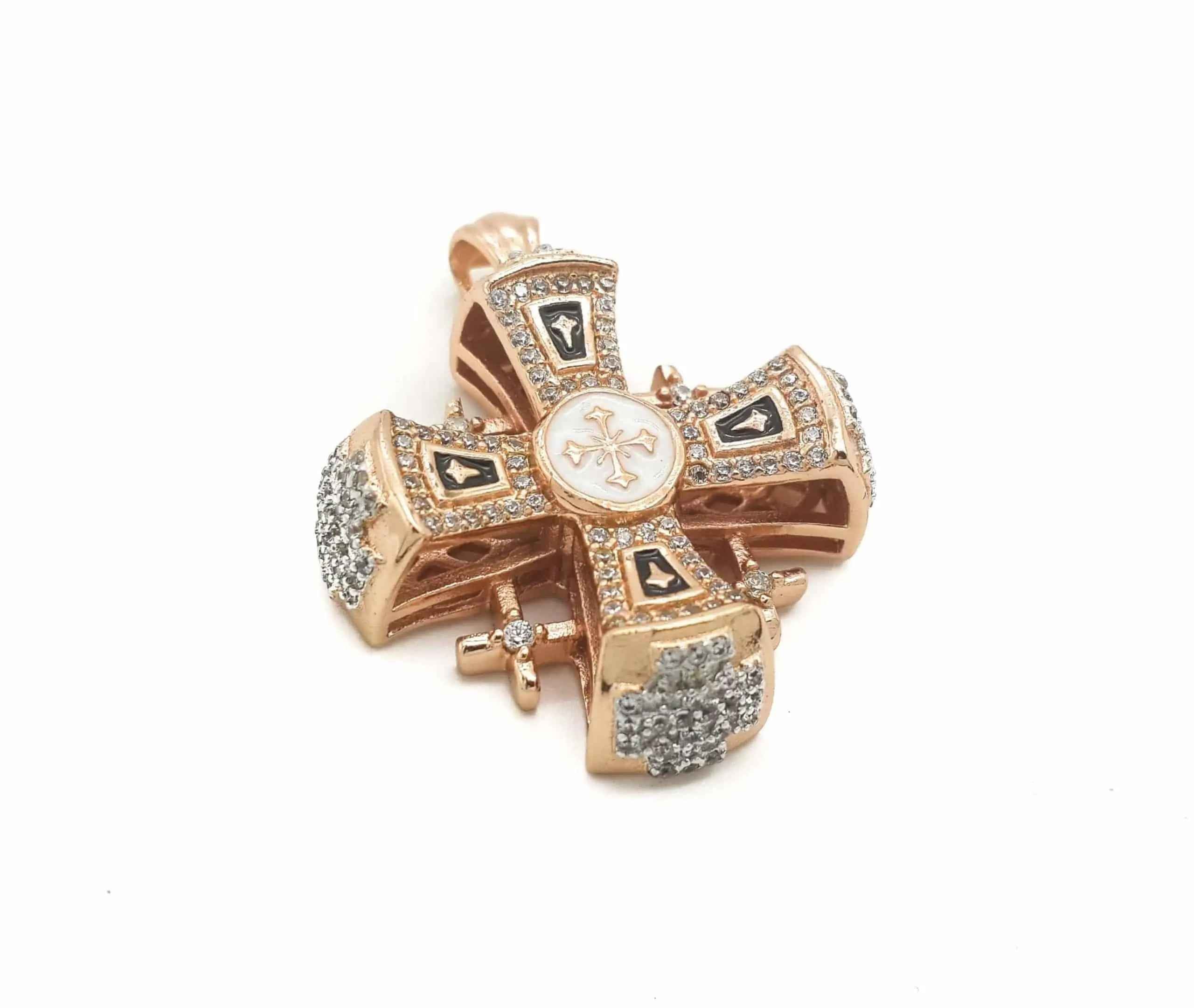 Jerusalem Cross Pendant 1.3" in Rose Gold Plating & Black Enamel  with Clear CZ Zircons