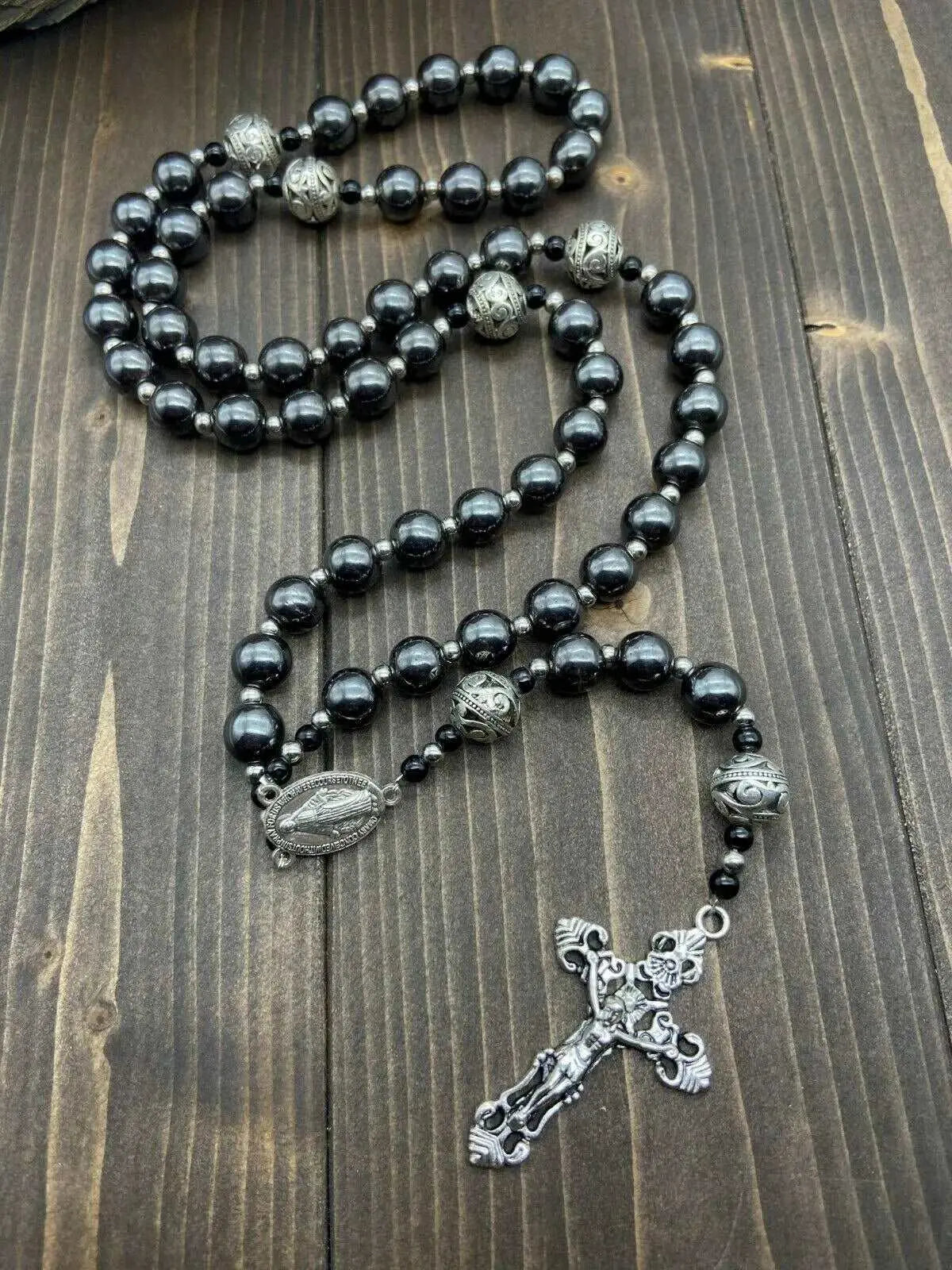 Black Hematite Beads Rosary Necklace Natural Stones & Metal Beaded Miraculous Medal