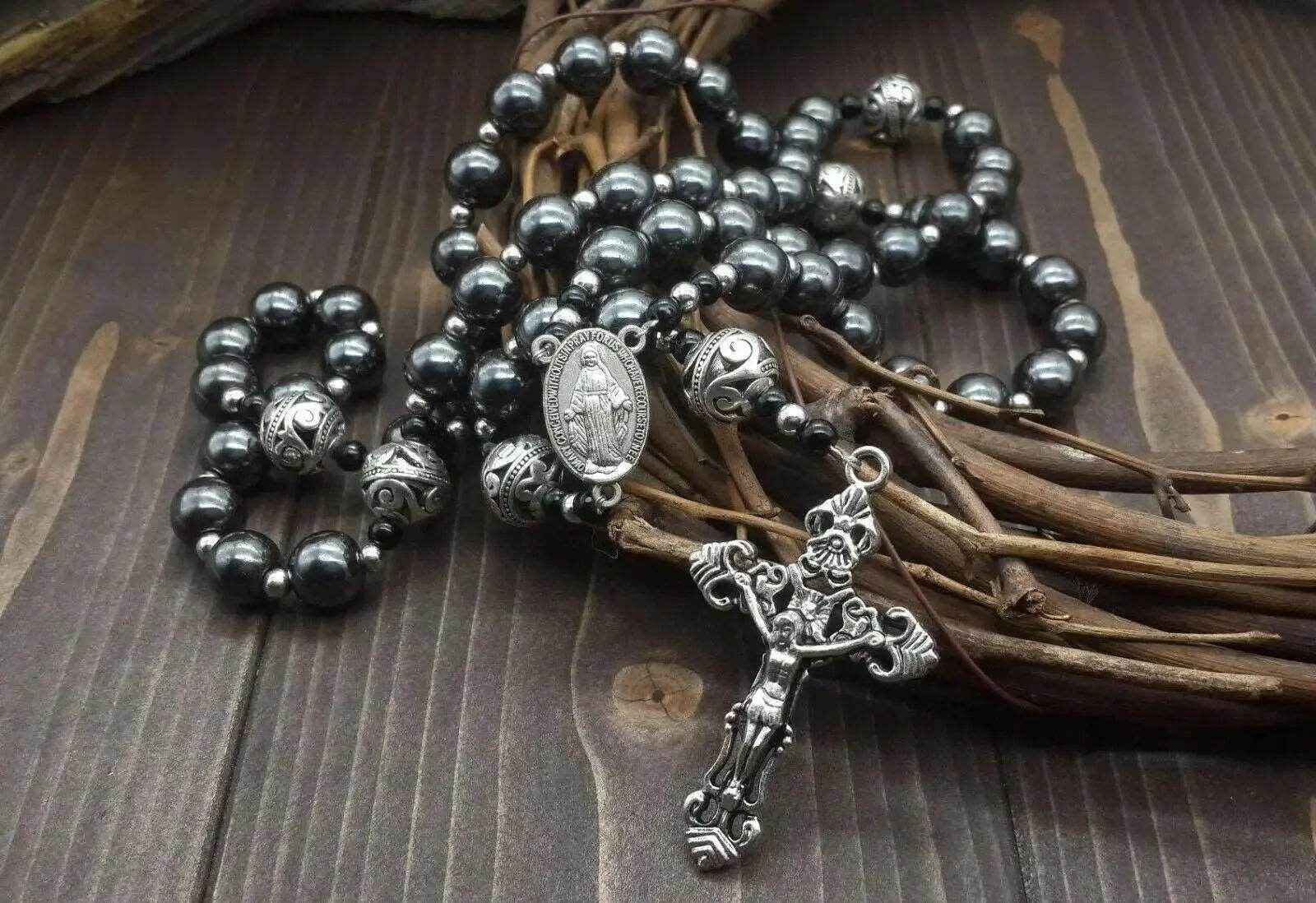 Hematite Black Stone Rosary Necklace Metal Beads with Miraculous Medal & Cross Crucifix - Nazareth Store