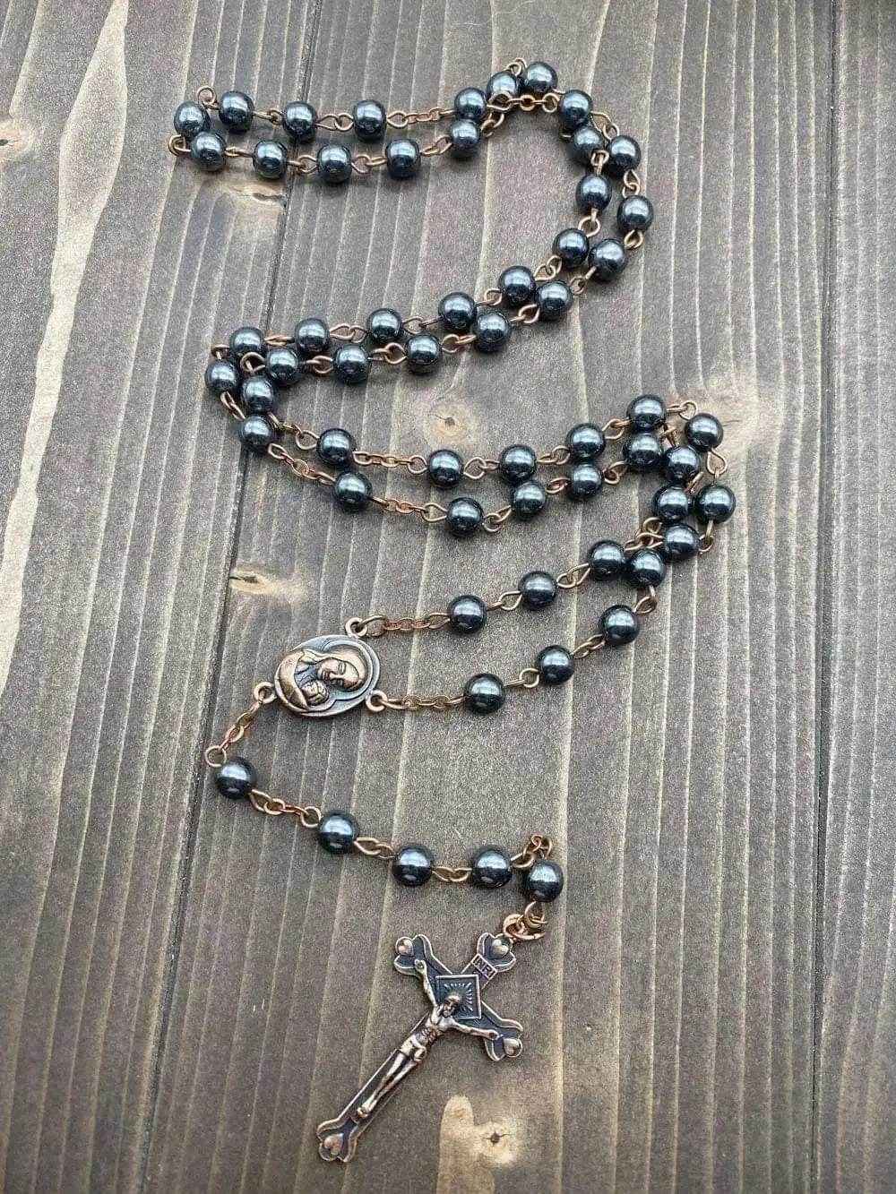 Black Hematite Rosary Stone Beads Handmade Chaplet Holy Soil Medal & Cross