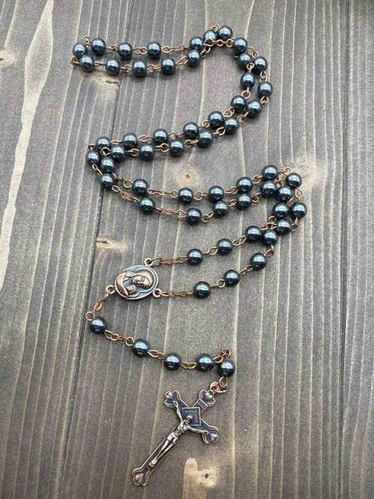 Black Hematite Rosary Stone Beads Handmade Chaplet Holy Soil Medal & Cross