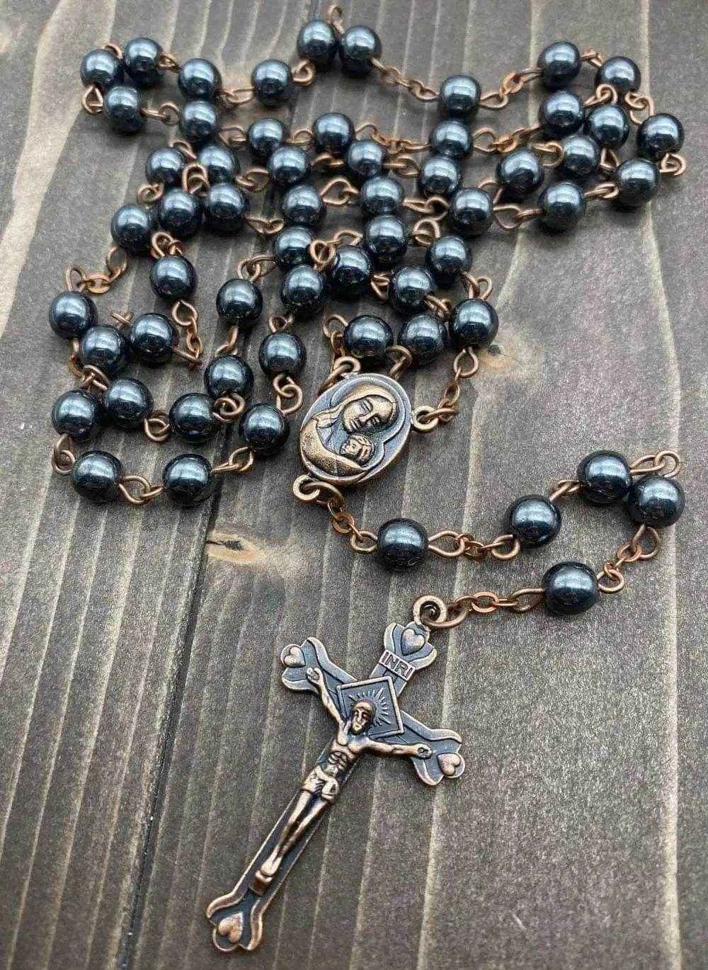 Black Hematite Rosary Stone Beads Handmade Chaplet Holy Soil Medal & Cross