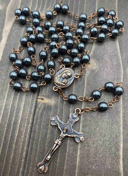 Black Hematite Rosary Stone Beads Handmade Chaplet Holy Soil Medal & Cross