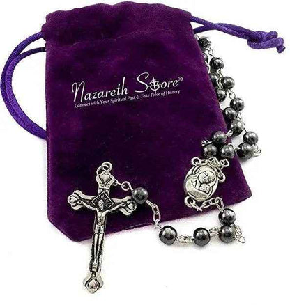 Black Hematite Rosary Necklace Natural Stone Beads Chaplet  Velvet Bag