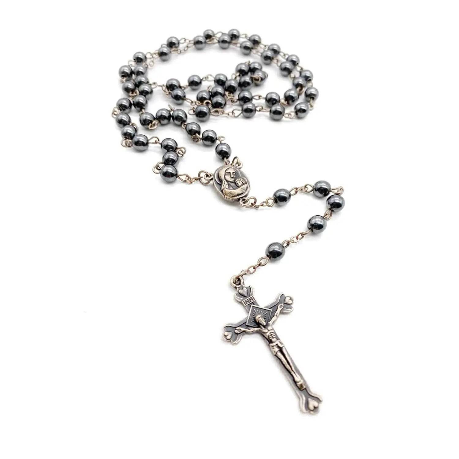 Black Hematite Rosary Necklace Natural Stone Beads Chaplet Velvet Bag - Nazareth Store