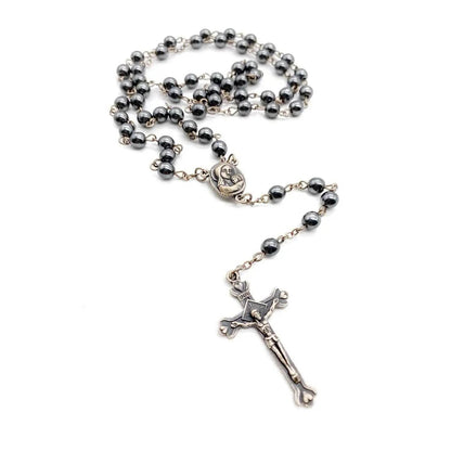 Black Hematite Rosary Necklace Natural Stone Beads Chaplet Velvet Bag - Nazareth Store