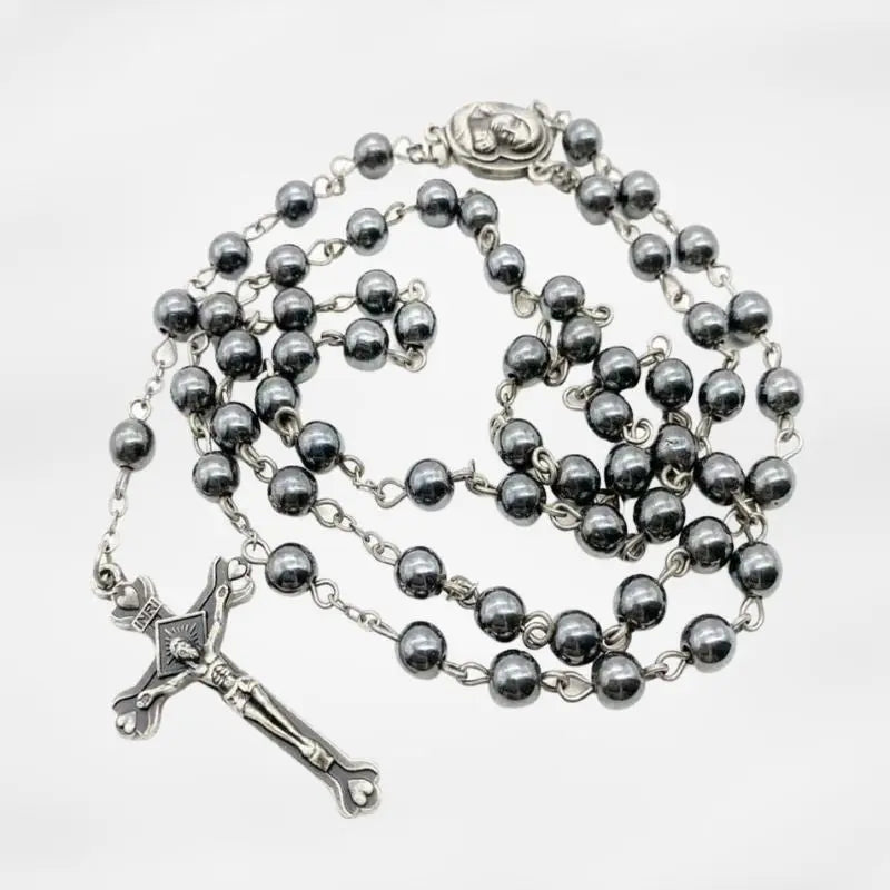 Black Hematite Rosary Necklace Natural Stone Beads Chaplet - Velvet Bag Nazareth Store