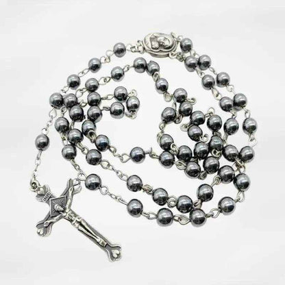 Black Hematite Rosary Necklace Natural Stone Beads Chaplet  Velvet Bag