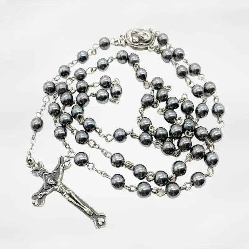 Black Hematite Rosary Necklace Natural Stone Beads Chaplet Velvet Bag - Nazareth Store