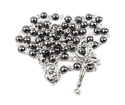 Black Hematite Rosary Necklace Natural Stone Beads Chaplet Velvet Bag - Nazareth Store