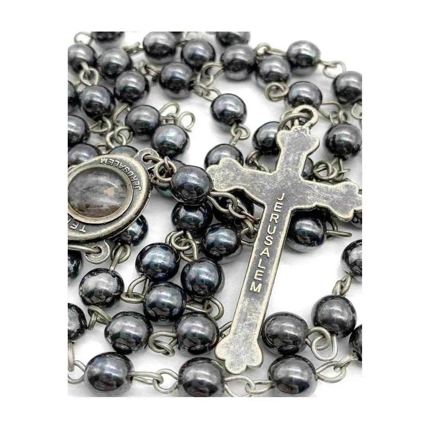 Black Hematite Rosary Necklace Natural Stone Beads Chaplet  Velvet Bag