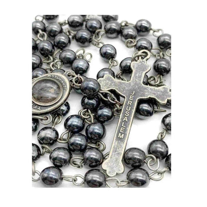 Black Hematite Rosary Necklace Natural Stone Beads Chaplet  Velvet Bag
