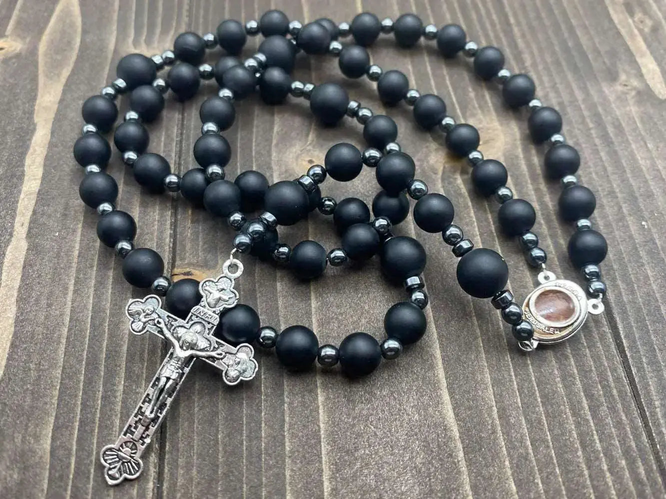 Black Matte Agate Beads Hematite Rosary Necklace Jerusalem Holy Soil & Cross Nazareth Store